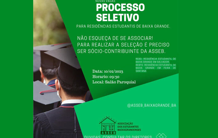 Associação dos Estudantes de Baixa Grande abre inscrições para concorrer vagas nas residências de Feira de Santana e Salvador