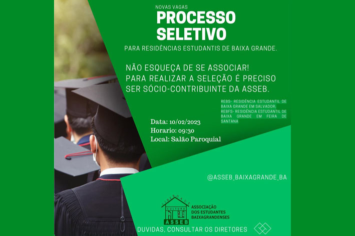 Associação dos Estudantes de Baixa Grande abre inscrições para concorrer vagas nas residências de Feira de Santana e Salvador