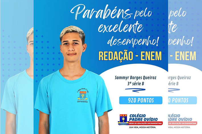 Colégio em Feira de Santana parabeniza estudante de Baixa Grande por ter alcançado 920 pontos na redação do Enem