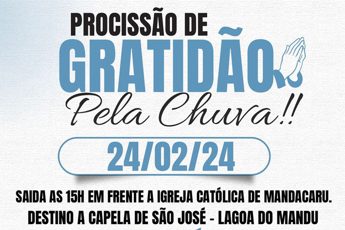Procissão de Gratidão pela Chuva será realizado sábado em Mandacaru, distrito de Baixa Grande