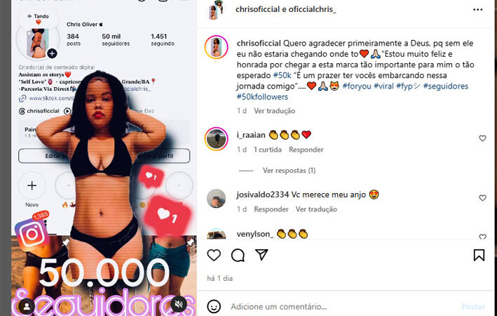 Digital Influencer de Baixa Grande, Chris Oliver, ultrapassa a marca de 50 mil seguidores