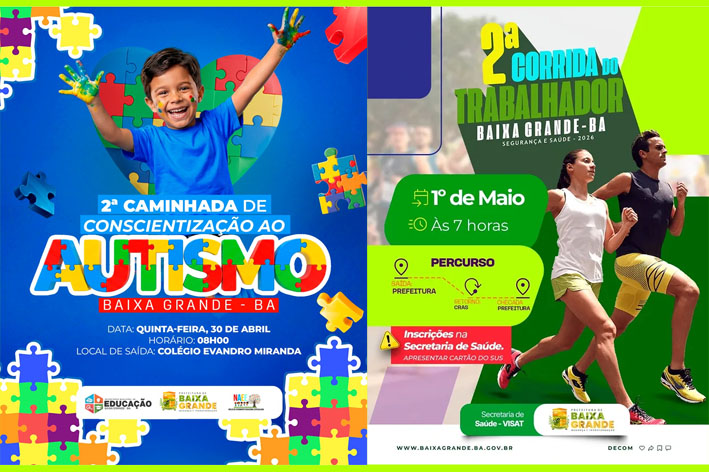 A Prefeitura de Baixa Grande realizará, nesta semana, dois eventos voltados à inclusão e à promoção da saúde