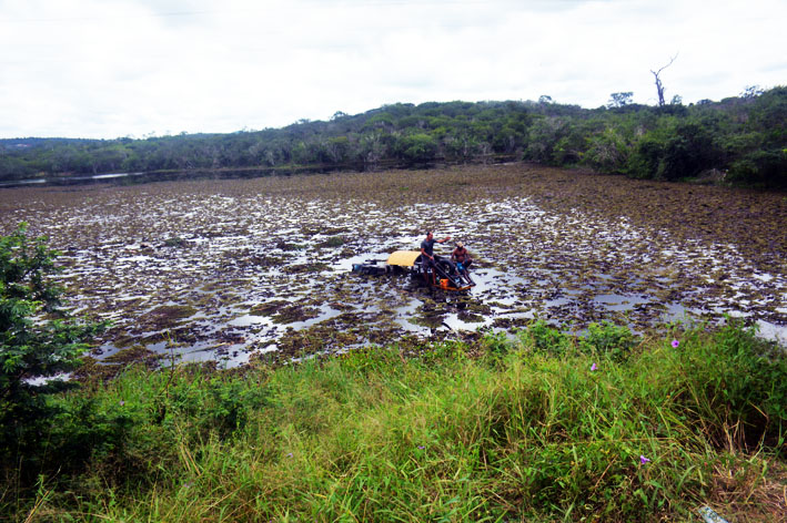 Pá carregadeira cai dentro da represa de Leonel às margens da BA-052, em Baixa Grande